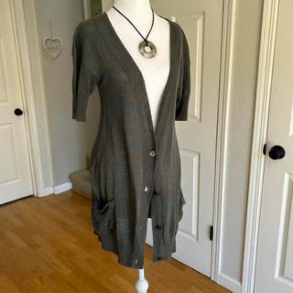 Free people green brown linen short sleeve cardigan - Picture 4 of 7